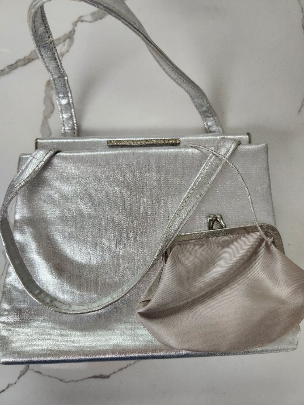 Silver Purse Vintage Harry Levine HL Handbag Coin Purse Attached w/Rhinestone